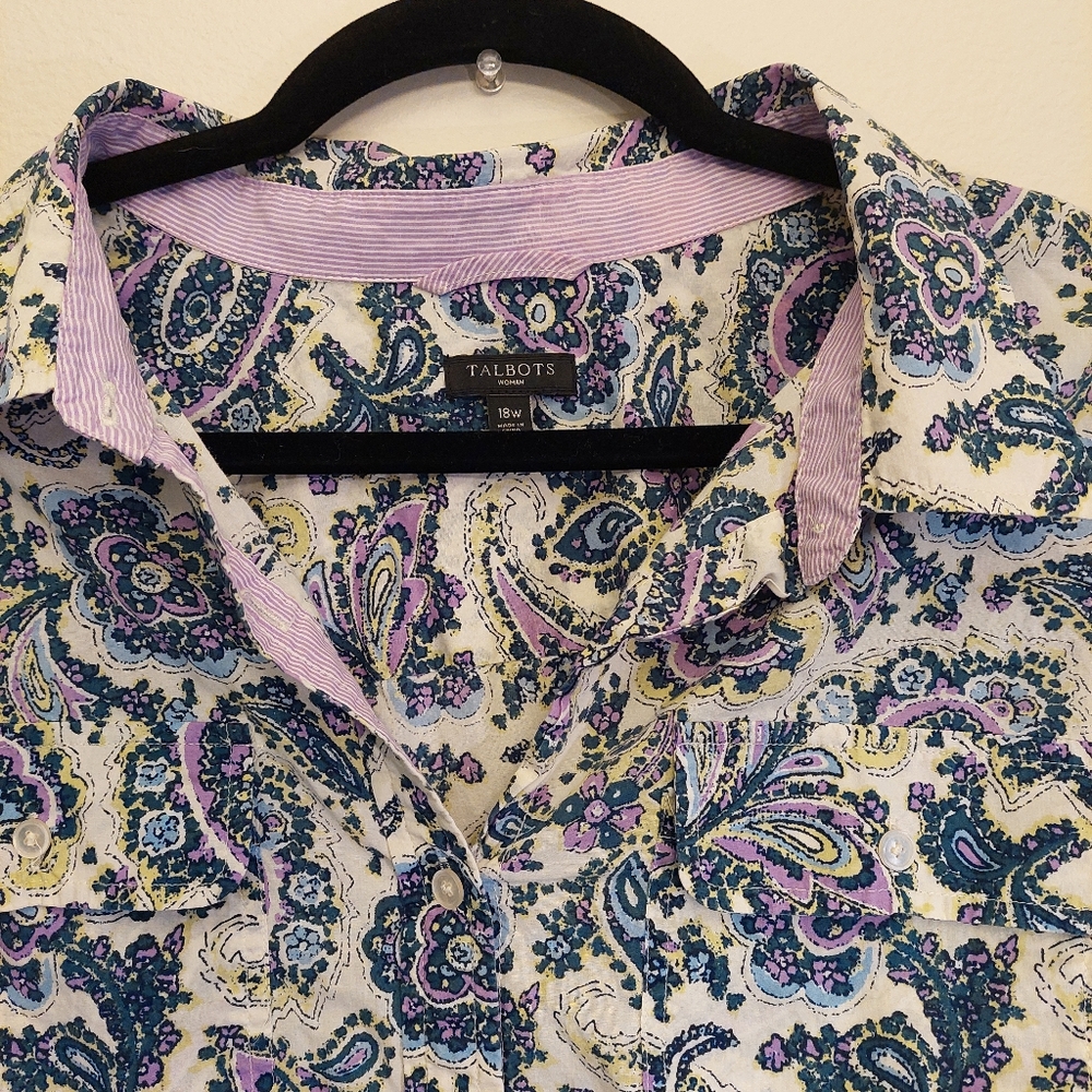 Talbots White Purple Paisley Lightweight button down long sleeve Top. Size 18W - Picture 2 of 10